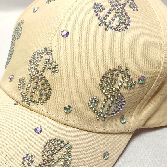 Aroura Borealis Rhinestone Dollar Sign Beige Baseball Cap - Picture 12 of 14